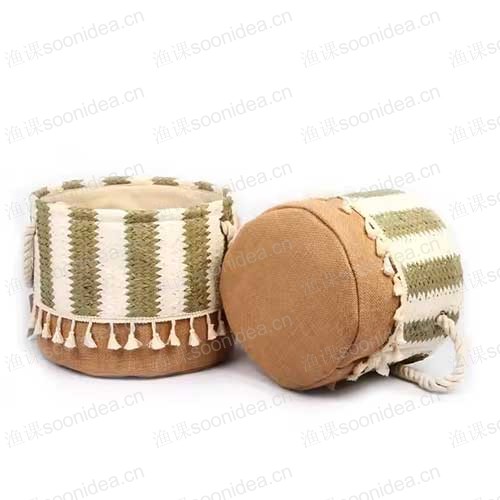 Paper Straw Material Green and White Color Set  Storage Basket 
