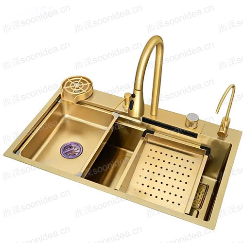 Gold Multifunction Kitchen Sink Waterfall Stainless Steel Sink with Waterfall Faucet Kitchen 